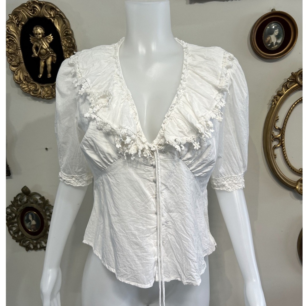 RIXO London White Cotton Blend Lace Ruffle Collar Button-Front Blouse Top Size M
